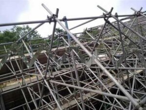Modular steel scaffolding for construction.