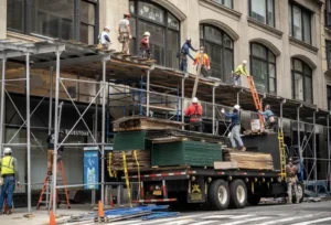 Workers installing sidewalk shed in NYC