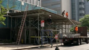 Construction workers installing sidewalk scaffolding and overhead protection near a building